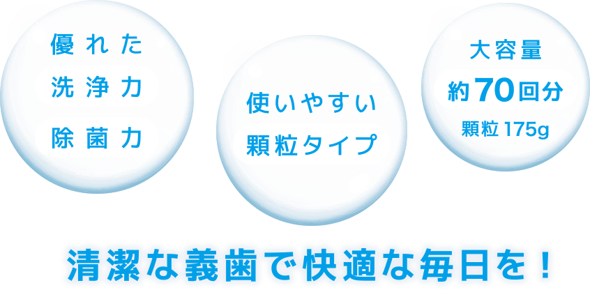 優れた洗浄力除菌力・使いやすい顆粒タイプ・大容量約70回分顆粒175g　清潔な義歯で快適な毎日を！