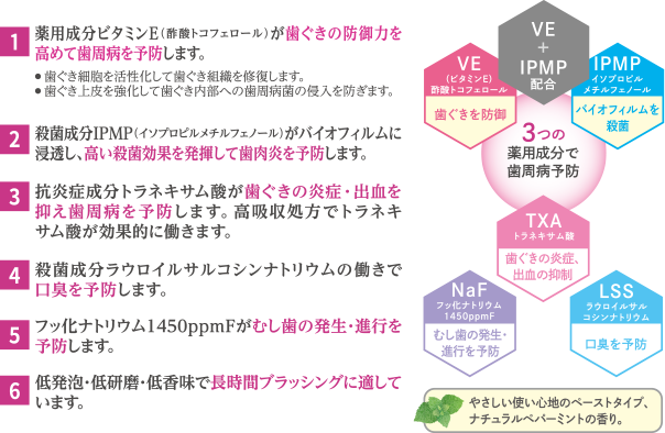 薬用成分ビタミンE (酢酸トコフェロール) が歯ぐきの防御力を高めて歯周病を予防します。殺菌成分IPMP(イソプロピルメチルフェノール)がバイオフィルムに浸透し、高い殺菌効果を発揮して歯肉炎を予防します。抗炎症成分トラネキサム酸が歯ぐきの炎症・出血を抑え歯周病を予防します。 高吸収処方でトラネキサム酸が効果的に働きます。殺菌成分ラウロイルサルコシンナトリウムの働きで口臭を予防します。フッ化ナトリウム1450ppmFがむし歯の発生・進行を予防します。低発泡・低研磨・低香味で長時間プラッシングに適しています。